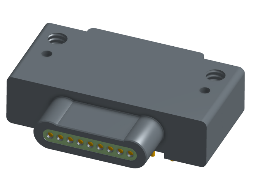 NK-1E2-009-335-0000 - Nano-miniature D-shaped, right angle, plated-through-hole (PTH) board mount connector, 1 row of 9 contacts, and no attachment hardware. (Plug)