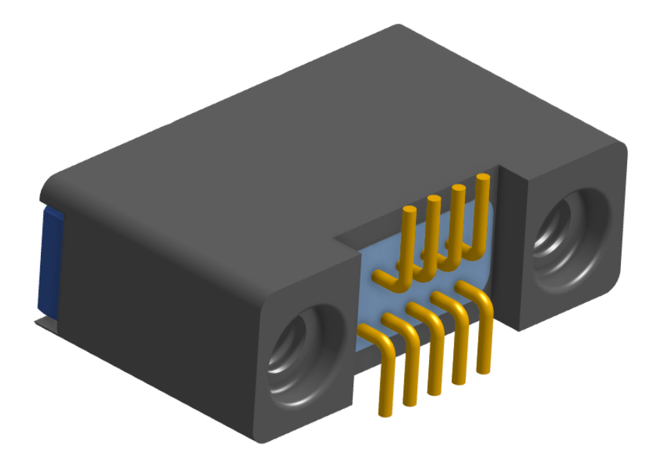 NK-2B2-009-228-TH00 - Nano-miniature D-shaped vertical surface board mount (SMT) connector with mounting holes, 2 rows with 9 contacts, and threaded holes for attachment hardware. (Receptacle)