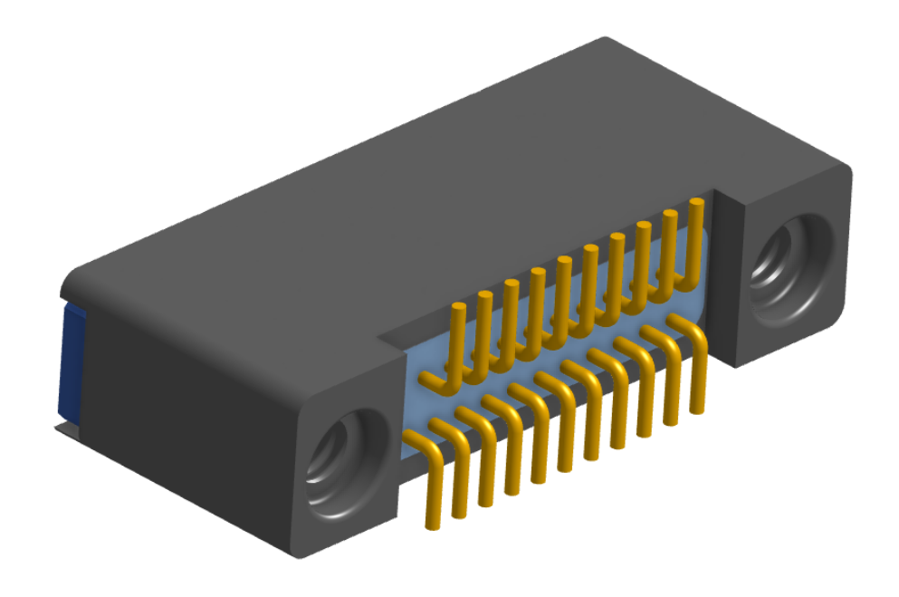 NK-2B2-021-225-TH00 - Nano-miniature D-shaped vertical surface board mount (SMT) connector with mounting holes, 2 rows with 21 contacts, and threaded holes for attachment hardware. (Receptacle)