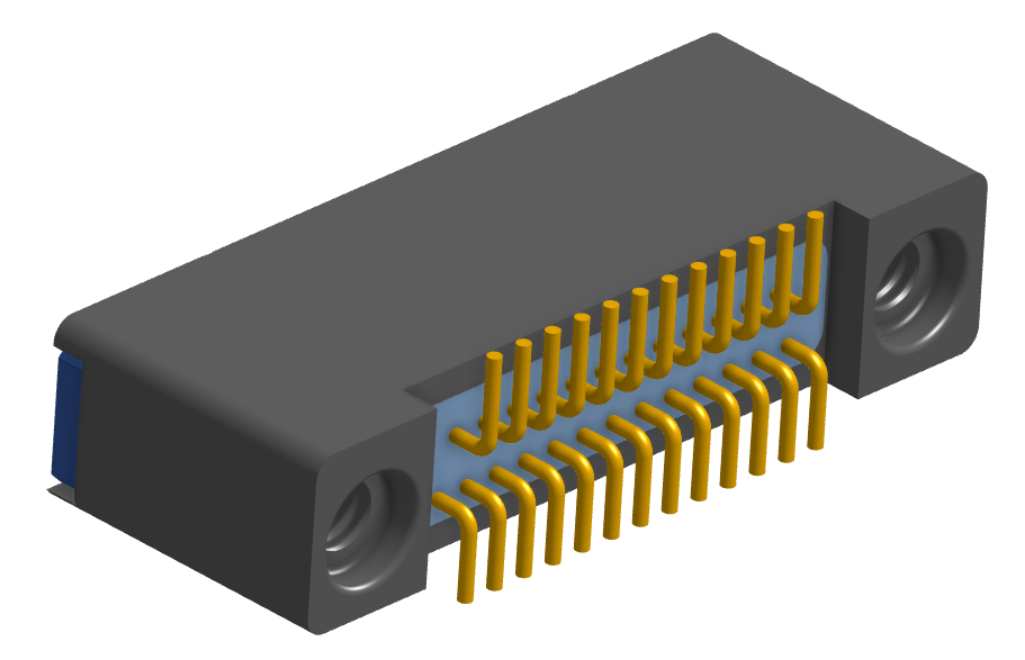NK-2B2-025-228-TH00 - Nano-miniature D-shaped vertical surface board mount (SMT) connector with mounting holes, 2 rows with 25 contacts, and threaded holes for attachment hardware. (Receptacle)