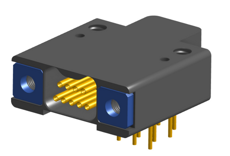 NK-2F2-009-435-TH00 - Nano-miniature D-shaped right angle plated through hole (PTH) board mount connector with mounting holes, 2 rows with 9 contacts, and threaded holes for attachment hardware. (Receptacle)