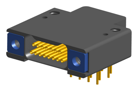 NK-2F2-015-435-TH00 - Nano-miniature D-shaped right angle plated through hole (PTH) board mount connector with mounting holes, 2 rows with 15 contacts, and threaded holes for attachment hardware. (Receptacle)