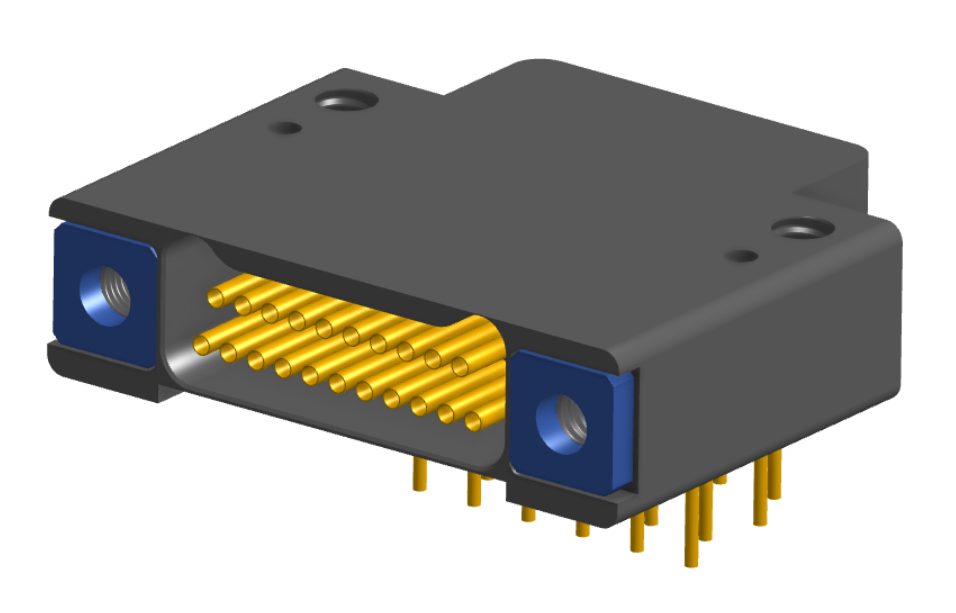 NK-2F2-021-435-TH00 - Nano-miniature D-shaped right angle plated through hole (PTH) board mount connector with mounting holes, 2 rows with 21 contacts, and threaded holes for attachment hardware. (Receptacle)