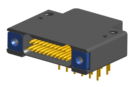 NK-2F2-021-435-TH00 - Nano-miniature D-shaped right angle plated through hole (PTH) board mount connector with mounting holes, 2 rows with 21 contacts, and threaded holes for attachment hardware. (Receptacle)