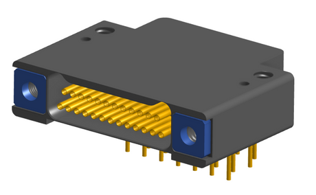 NK-2F2-025-435-TH00 - Nano-miniature D-shaped right angle plated through hole (PTH) board mount connector with mounting holes, 2 rows with 25 contacts, and threaded holes for attachment hardware. (Receptacle)