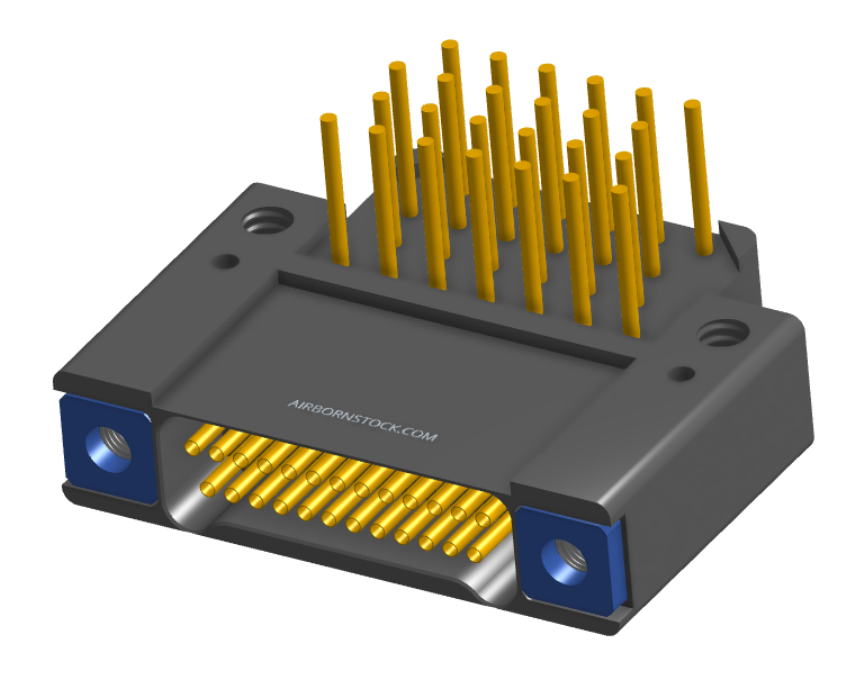 NK-2F2-025-438-TH00 - Nano-miniature D-shaped right angle plated through hole (PTH) board mount connector with mounting holes, 2 rows with 25 contacts, and threaded holes for attachment hardware. (Receptacle)