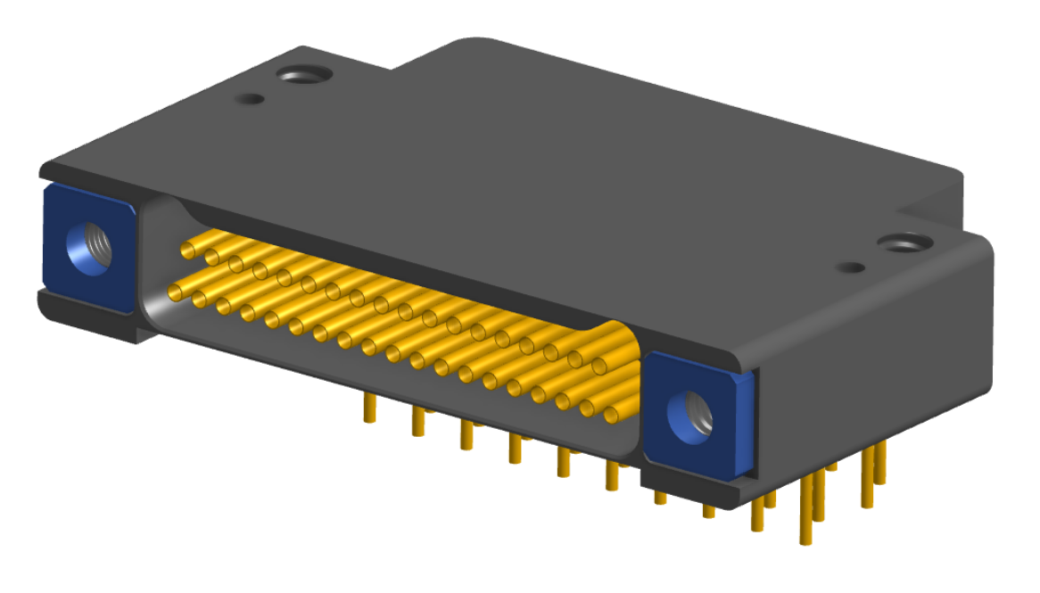 NK-2F2-037-435-TH00 - Nano-miniature D-shaped right angle plated through hole (PTH) board mount connector with mounting holes, 2 rows with 37 contacts, and threaded holes for attachment hardware. (Receptacle)