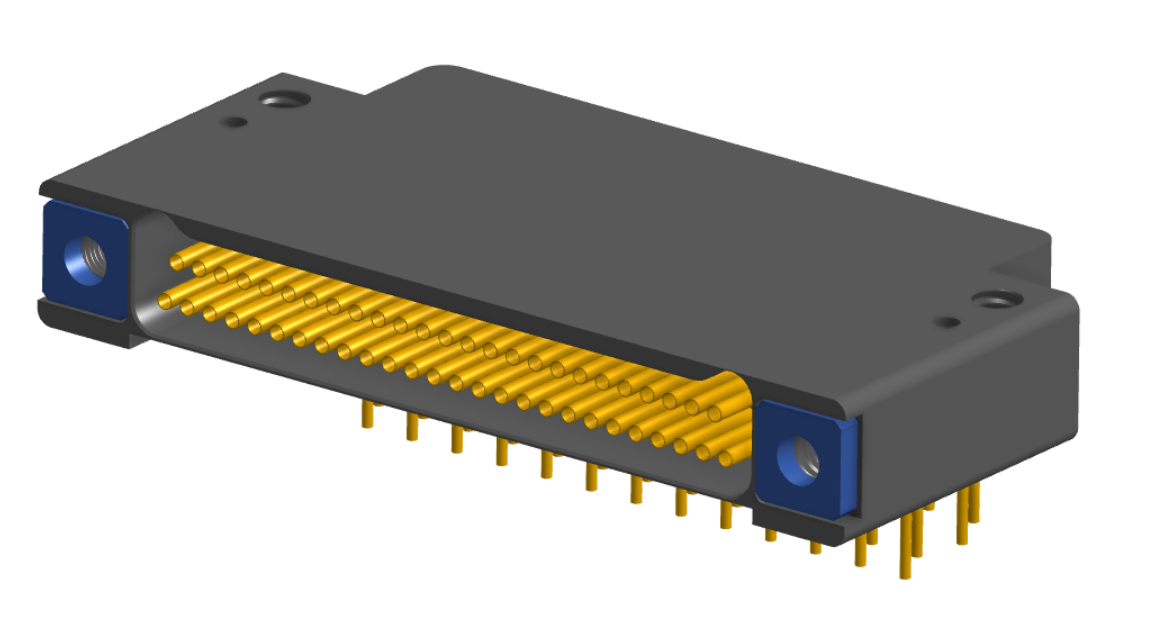 NK-2F2-051-435-TH00 - Nano-miniature D-shaped right angle plated through hole (PTH) board mount connector with mounting holes, 2 rows with 51 contacts, and threaded holes for attachment hardware. (Receptacle)