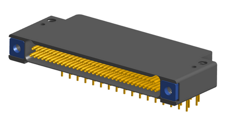 NK-2F2-065-435-TH00 - Nano-miniature D-shaped right angle plated through hole (PTH) board mount connector with mounting holes, 2 rows with 65 contacts, and threaded holes for attachment hardware. (Receptacle)