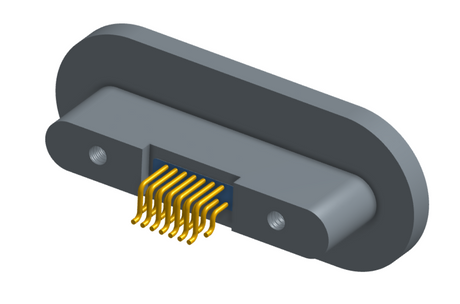 NKRP-2D4-015-225-TH00 - Nano-miniature D-shaped rear panel mount horizontal surface board mount (SMT) connector with fluorosilicone o-ring, 2 rows with 36617 contacts, and threaded holes for attachment hardware. (Receptacle)
