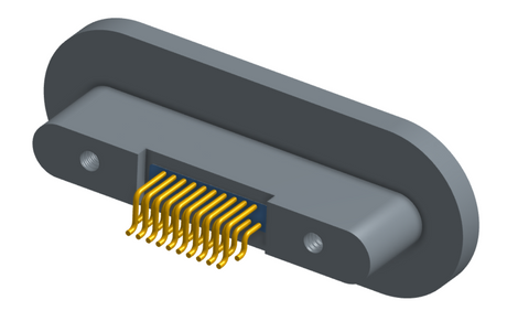 NKRP-2D4-021-225-TH00 - Nano-miniature D-shaped rear panel mount horizontal surface board mount (SMT) connector with fluorosilicone o-ring, 2 rows with 36617 contacts, and threaded holes for attachment hardware. (Receptacle)