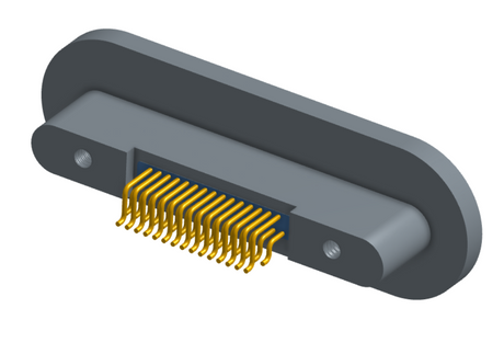 NKRP-2D4-031-225-TH00 - Nano-miniature D-shaped rear panel mount horizontal surface board mount (SMT) connector with fluorosilicone o-ring, 2 rows with 36617 contacts, and threaded holes for attachment hardware. (Receptacle)