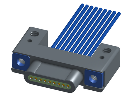 NM-132-009-161-THAA - Nano-miniature D-shaped I/O connector with mounting holes, 9 contacts, and threaded holes for attachment hardware.