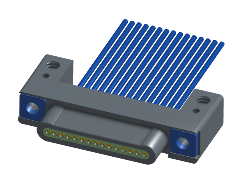 NM-132-015-161-THAA - Nano-miniature D-shaped I/O connector with mounting holes, 15 contacts, and threaded holes for attachment hardware.