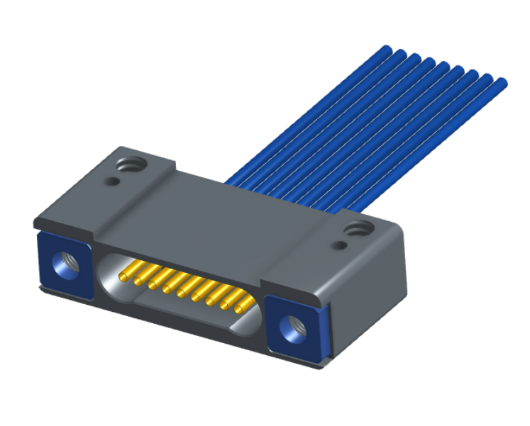 NM-142-009-261-THAA - Nano-miniature D-shaped I/O connector with mounting holes, 9 contacts, and threaded holes for attachment hardware.
