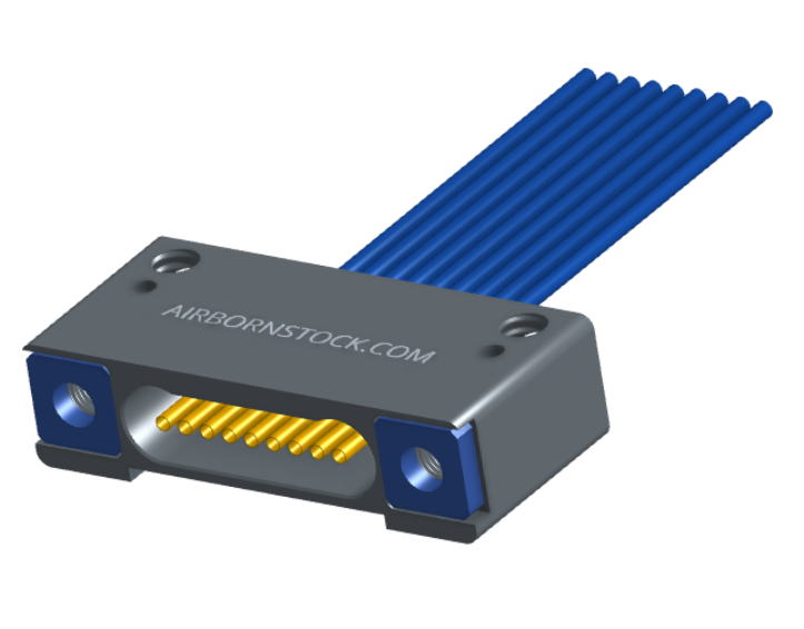 NM-142-009-261-THAA - Nano-miniature D-shaped I/O connector with mounting holes, 9 contacts, and threaded holes for attachment hardware.