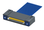 NM-144-015-261-THAA - Nano-miniature D-shaped I/O connector with mounting holes, 15 contacts, and threaded holes for attachment hardware.