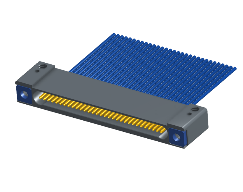 NM-142-031-261-THAA - Nano-miniature D-shaped I/O connector with mounting holes, 31 contacts, and threaded holes for attachment hardware.