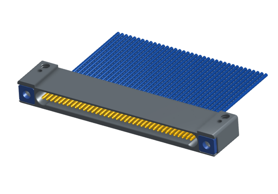 NM-142-037-261-THAA - Nano-miniature D-shaped I/O connector with mounting holes, 37 contacts, and threaded holes for attachment hardware.