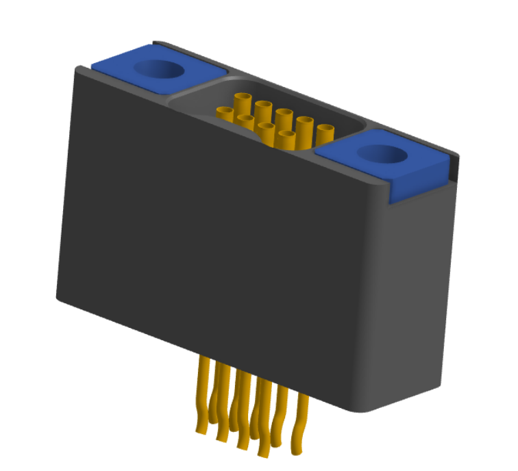 NM-225-009-225-TH00 - Nano-miniature D-shaped straddle mount flex circuit board mount connector with mounting holes, 2 rows with 9 contacts, and threaded holes for attachment hardware. (Receptacle)
