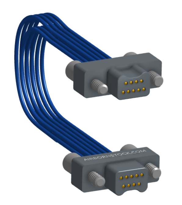 NM-2J4-009-PP1-JJAA - Nano-miniature D-shaped I/O jumper cable with 2 rows and 9 contacts and four turning jackscrews (2 per connector).