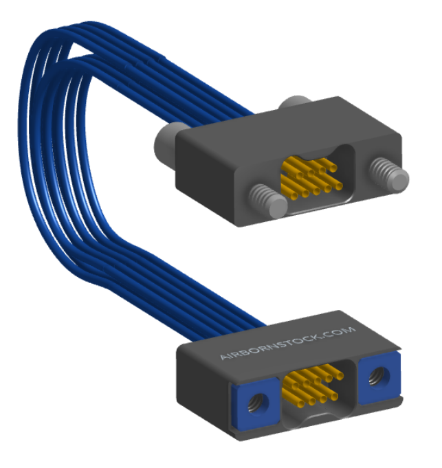 NM-2J2-009-SS1-JRAA - Nano-miniature D-shaped I/O jumper cable with 2 rows and 9 contacts and two turning jackscrews on one receptacle and two threaded holes on the other receptacle.