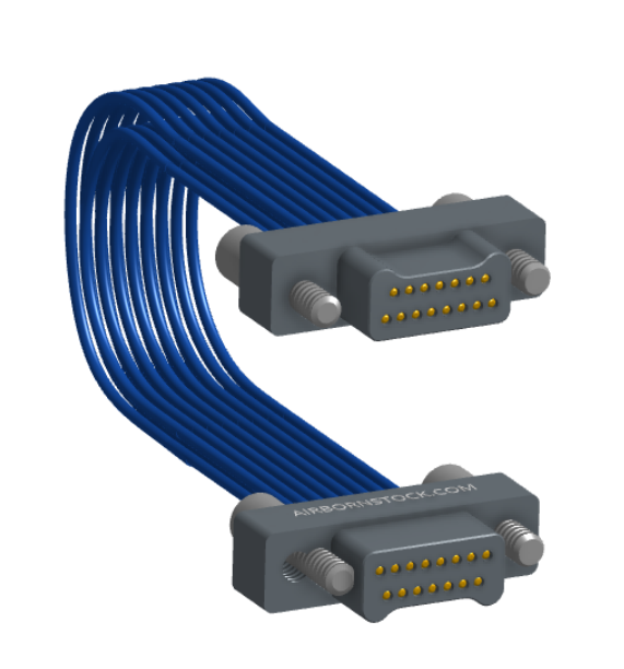 NM-2J2-015-PP1-JJAA - Nano-miniature D-shaped I/O jumper cable with 2 rows and 15 contacts and four turning jackscrews (2 per connector).