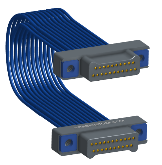 NM-2J3-021-PP1-TTAA - Nano-miniature D-shaped I/O jumper cable with 2 rows and 21 contacts and four threaded holes (2 per connector).