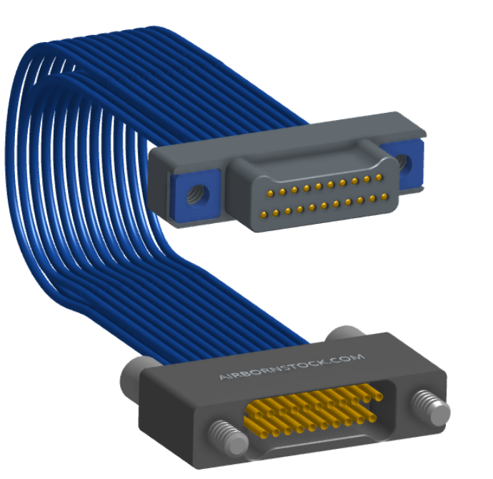 NM-2J4-021-PS1-TJAA - Nano-miniature D-shaped I/O jumper cable with 2 rows and 21 contacts and two threaded holes on the plug and two turning jackscrews on the receptacle.
