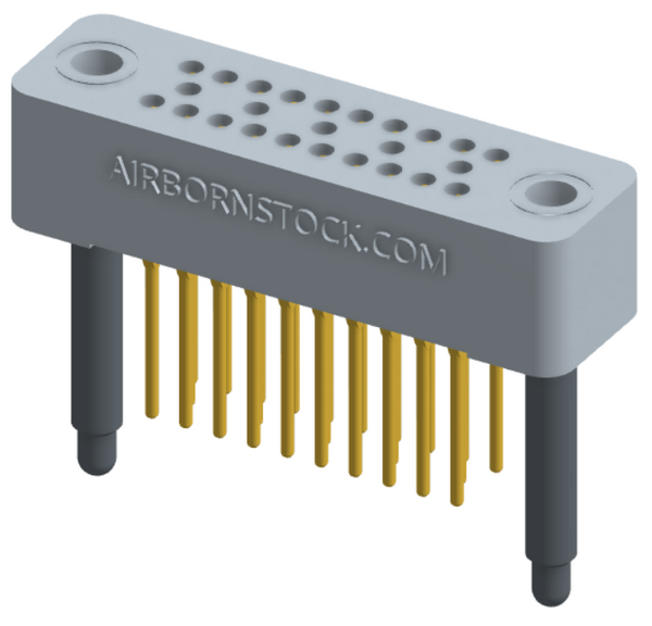 RC324-025-221-4100 - Stackable vertical press-fit board mount connector, 4 rows and 6.25 columns (25 total contacts), and guide hardware.