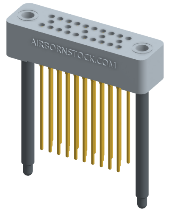 RC324-025-261-4500 - Stackable vertical press-fit board mount connector, 4 rows and 6.25 columns (25 total contacts), and guide hardware.