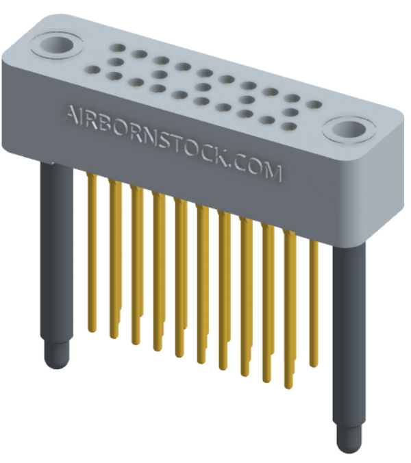 RC324-025-271-4600 - Stackable vertical press-fit board mount connector, 4 rows and 6.25 columns (25 total contacts), and guide hardware.