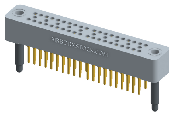 RC324-050-201-3900 - Stackable vertical press-fit board mount connector, 4 rows and 12.5 columns (50 total contacts), and guide hardware.