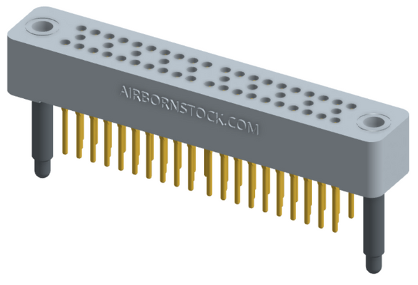 RC324-050-211-4000 - Stackable vertical press-fit board mount connector, 4 rows and 12.5 columns (50 total contacts), and guide hardware.