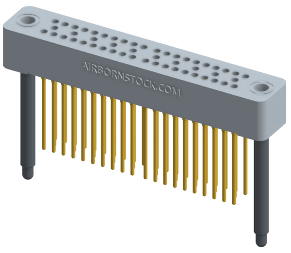 RC324-050-241-4300 - Stackable vertical press-fit board mount connector, 4 rows and 12.5 columns (50 total contacts), and guide hardware.