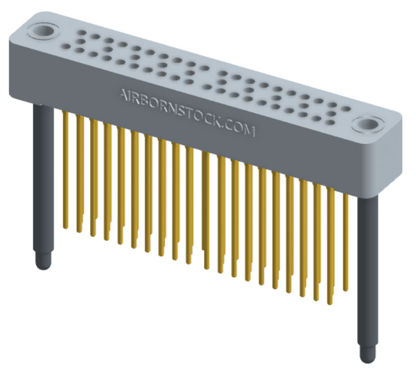 RC324-050-251-4400 - Stackable vertical press-fit board mount connector, 4 rows and 12.5 columns (50 total contacts), and guide hardware.