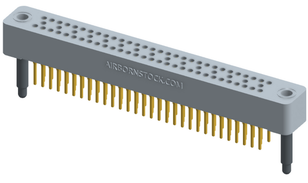 RC324-075-201-3900 - Stackable vertical press-fit board mount connector, 4 rows and 18.75 columns (75 total contacts), and guide hardware.