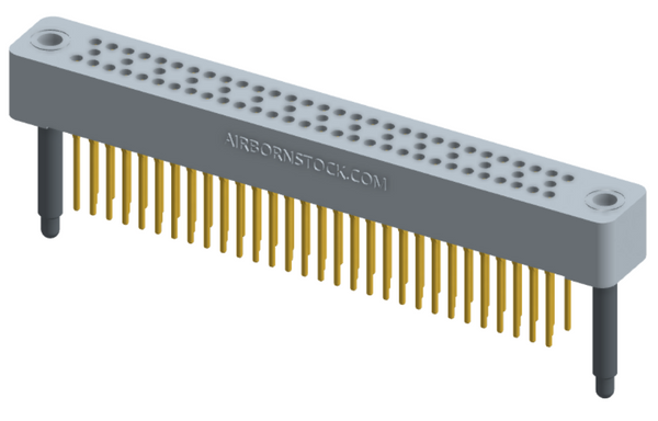 RC324-075-221-4100 - Stackable vertical press-fit board mount connector, 4 rows and 18.75 columns (75 total contacts), and guide hardware.