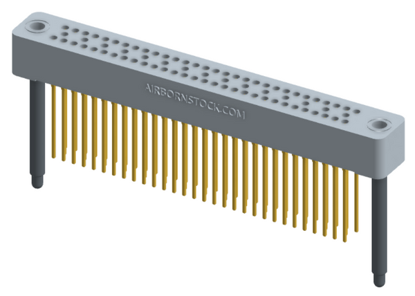 RC324-075-241-4300 - Stackable vertical press-fit board mount connector, 4 rows and 18.75 columns (75 total contacts), and guide hardware.