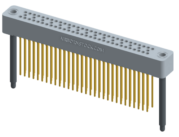 RC324-075-251-4400 - Stackable vertical press-fit board mount connector, 4 rows and 18.75 columns (75 total contacts), and guide hardware.