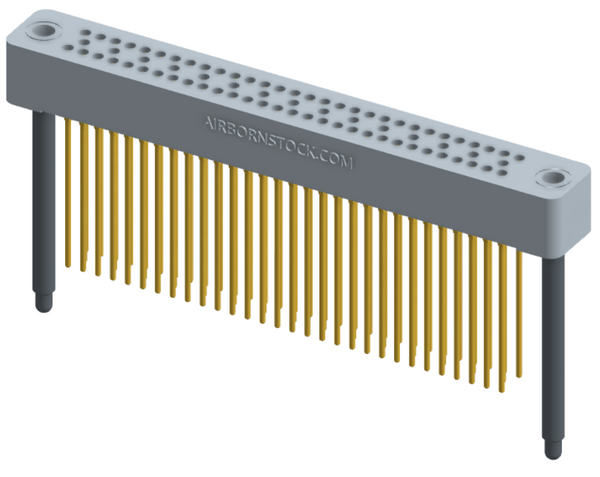 RC324-075-261-4500 - Stackable vertical press-fit board mount connector, 4 rows and 18.75 columns (75 total contacts), and guide hardware.