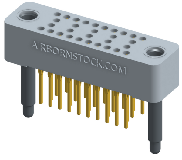 RC424-030-211-4000 - Stackable vertical press-fit board mount connector, 4 rows and 7.5 columns (30 total contacts), and guide hardware.