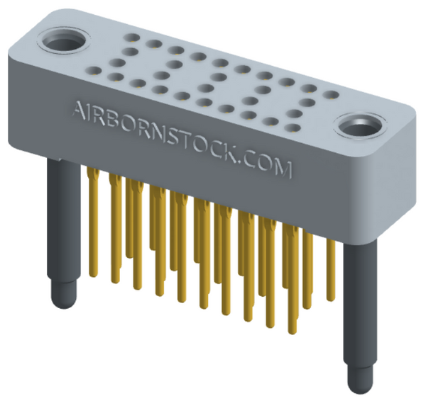 RC424-030-221-4100 - Stackable vertical press-fit board mount connector, 4 rows and 7.5 columns (30 total contacts), and guide hardware.
