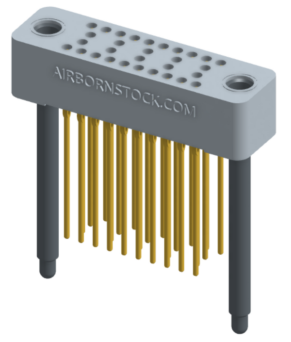 RC424-030-251-4400 - Stackable vertical press-fit board mount connector, 4 rows and 7.5 columns (30 total contacts), and guide hardware.