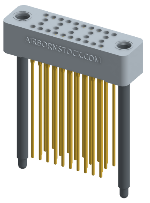 RC424-030-281-4700 - Stackable vertical press-fit board mount connector, 4 rows and 7.5 columns (30 total contacts), and guide hardware.