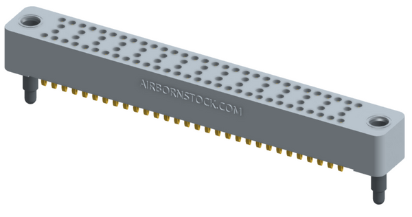 RC424-090-101-3000 - Stackable vertical press-fit board mount connector, 4 rows and 22.5 columns (90 total contacts), and guide hardware.