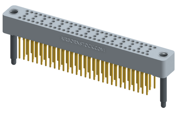 RC424-090-221-4100 - Stackable vertical press-fit board mount connector, 4 rows and 22.5 columns (90 total contacts), and guide hardware.