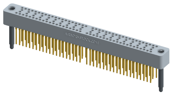 RC424-120-221-4100 - Stackable vertical press-fit board mount connector, 4 rows and 30 columns (120 total contacts), and guide hardware.