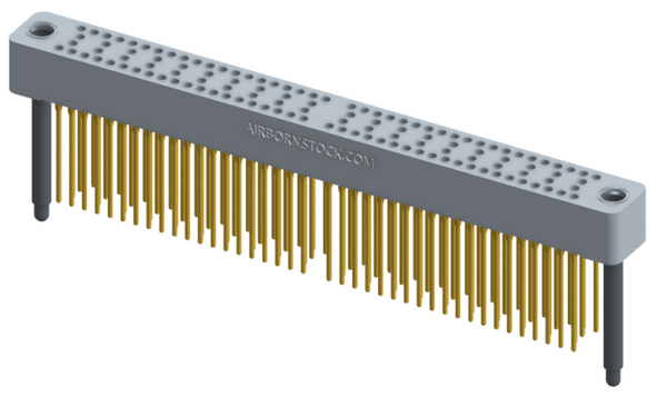 RC424-120-271-4600 - Stackable vertical press-fit board mount connector, 4 rows and 30 columns (120 total contacts), and guide hardware.
