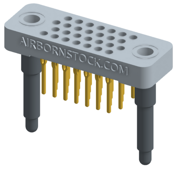 RC442-028-301-3900 - Low-profile, stackable vertical press-fit board-mount connector, with 4 rows and 7 columns (28 total contacts), and guide hardware.